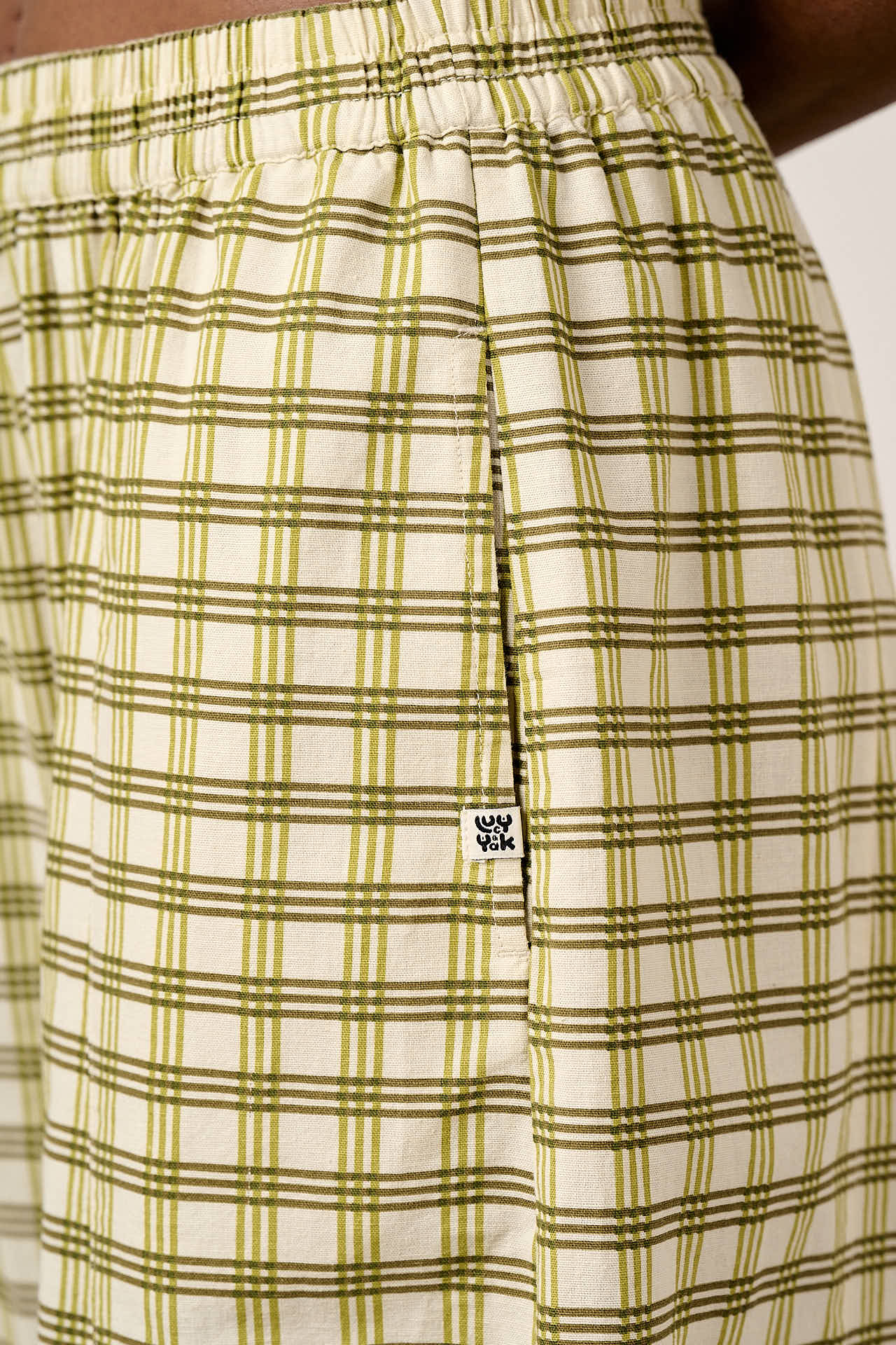 Obregon -  Barrel Leg Cotton Linen Trousers in Green Check - Image 3