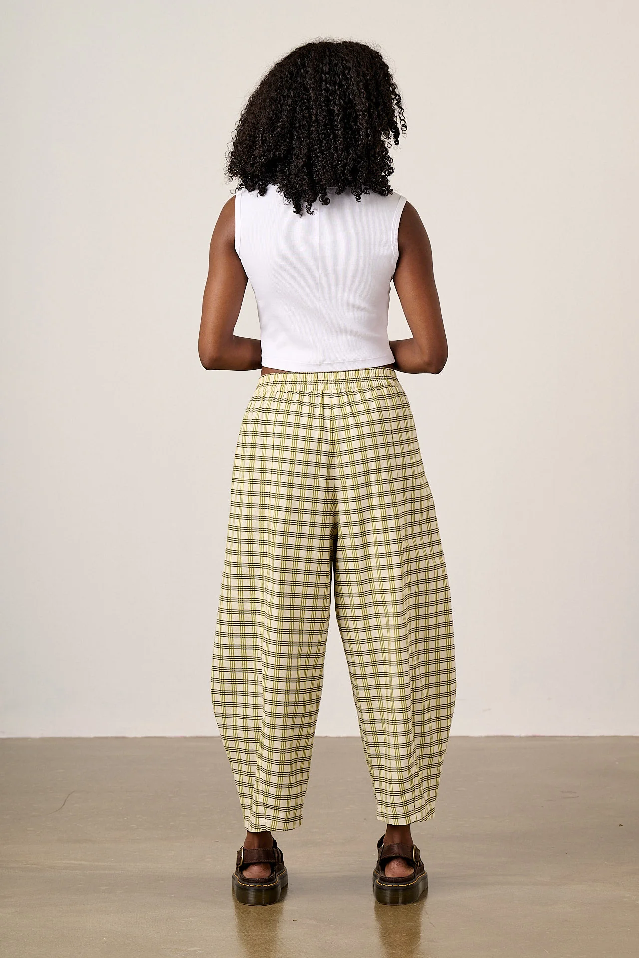 Obregon -  Barrel Leg Cotton Linen Trousers in Green Check - Image 6